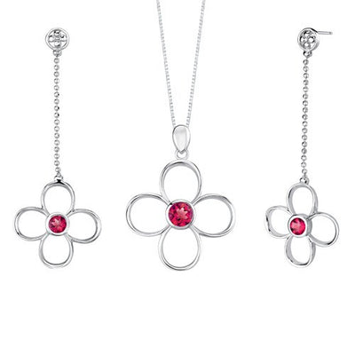 Ruby Pendant Earrings Set Sterling Silver Round Shape 3 Carats