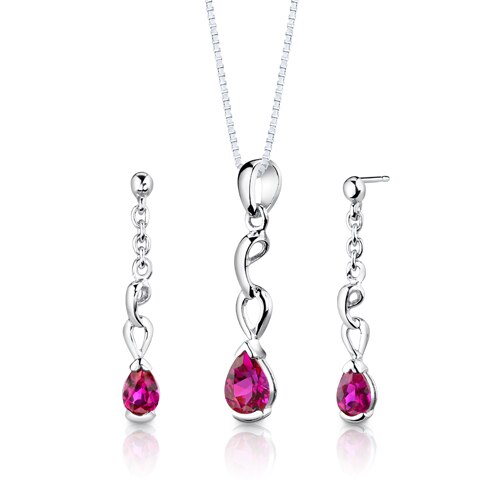 Ruby Pendant Earrings Set Sterling Silver Pear Shape 1.75 carat
