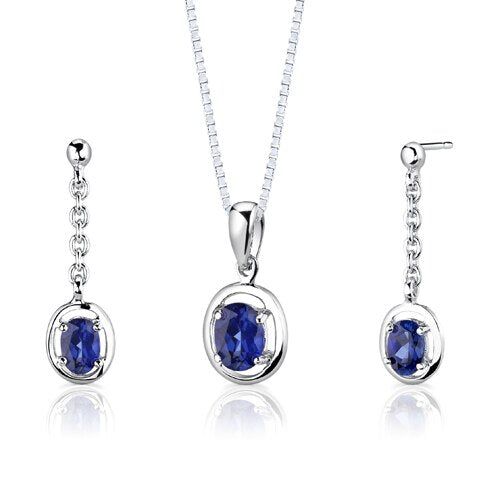 Blue Sapphire Pendant Earrings Set Sterling Silver Oval