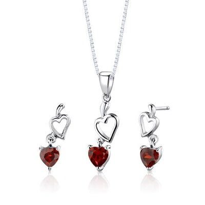 Garnet Pendant Earrings Set Sterling Silver Heart Shape 2 carat