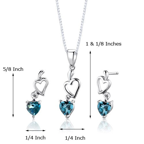 London Blue Topaz Pendant Earrings Set Sterling Silver Heart