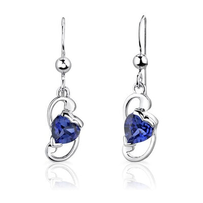 Blue Sapphire Pendant Earrings Set Sterling Silver Heart 2 cts
