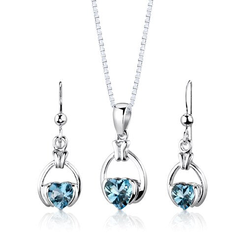 Swiss Blue Topaz Pendant Earrings Set Sterling Silver Heart