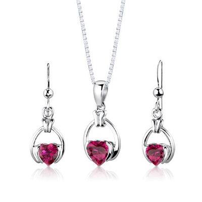 Ruby Pendant Earrings Set Sterling Silver Heart Shape 2.25 cts