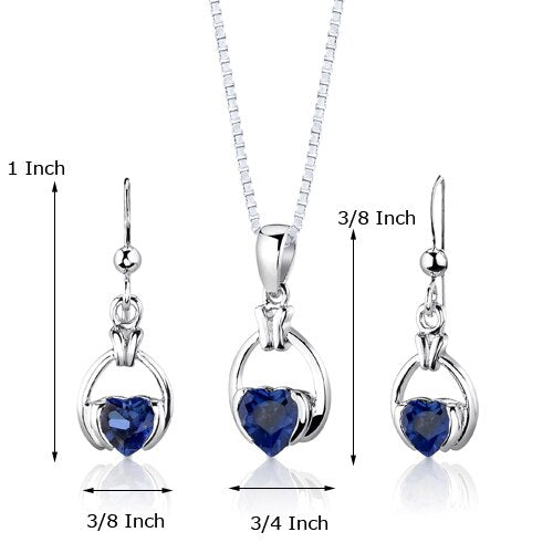 Blue Sapphire Pendant Earrings Set Sterling Silver Heart