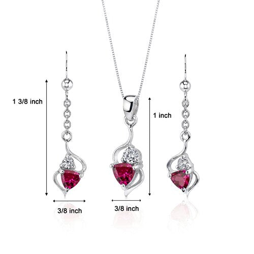 Ruby Pendant Earrings Set Sterling Silver Trillion 2.25 Carats