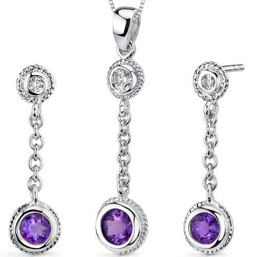 Amethyst Pendant Earrings Set Sterling Silver Round Shape 1 cts