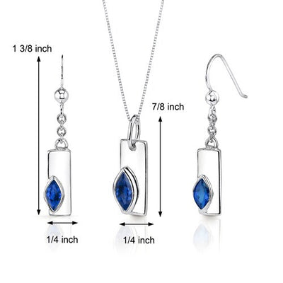Blue Sapphire Pendant Earrings Set Sterling Silver Marquise