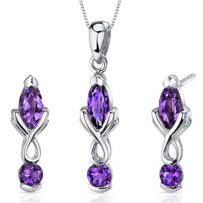 Amethyst Pendant Earrings Set Sterling Silver marquise 2.25 cts