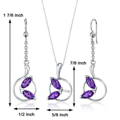 Amethyst Pendant Earrings Set Sterling Silver marquise 1.5 cts