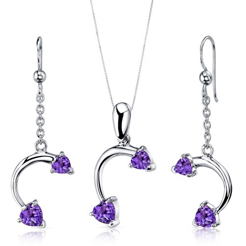 Amethyst Pendant Earrings Set Sterling Silver heart 2.25 Carats