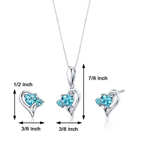 Swiss Blue Topaz Pendant Earrings Set Sterling Silver Heart