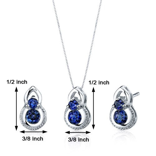 Blue Sapphire Pendant Earrings Set Sterling Silver round