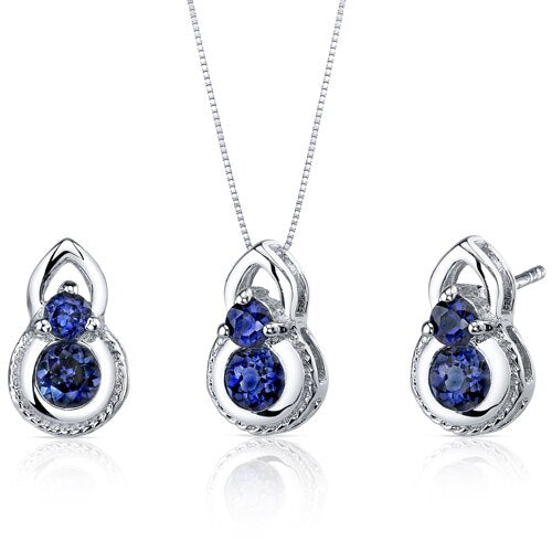 Blue Sapphire Pendant Earrings Set Sterling Silver round