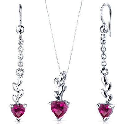 Ruby Pendant Earrings Set Sterling Silver heart Shape 2 Carats