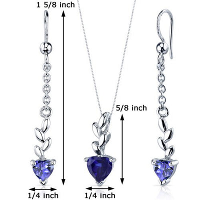 Blue Sapphire Pendant Earrings Set Sterling Silver Heart 2 cts