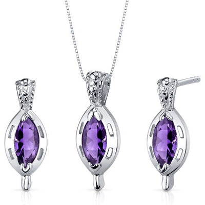 Amethyst Pendant Earrings Set Sterling Silver marquise 1.5 cts