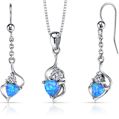 Blue Opal Trillion Pendant Earrings Necklace Sterling Silver 2.00 Carats