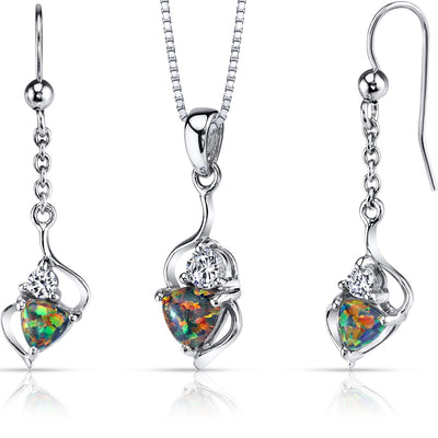 Black Opal Trillion Pendant Earrings Necklace Sterling Silver 2.00 Carats