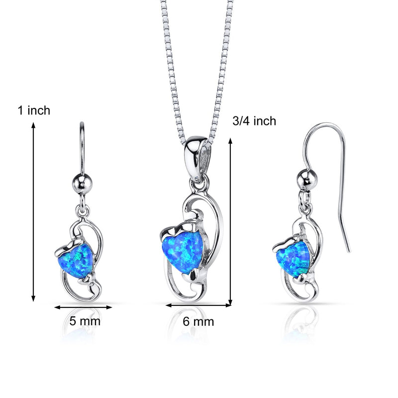 Blue Opal Heart Pendant Earrings Necklace Sterling Silver 2.00 Carats  SS3954