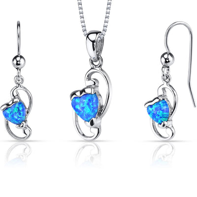Blue Opal Heart Pendant Earrings Necklace Sterling Silver 2.00 Carats  SS3954