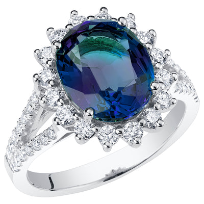 Peora Alexandrite Ring 5.25 Carats Oval Shape 14K White Gold with Diamonds
