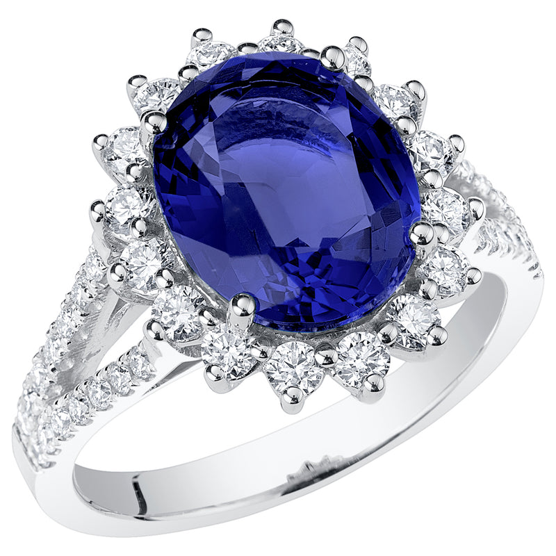 Peora Blue Sapphire and Diamond Oval Shape Ring 14K White Gold Vintage Style