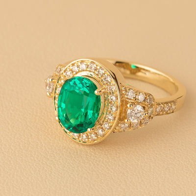 Peora Colombian Emerald Ring Oval Shape 14K Yellow Gold with Diamonds