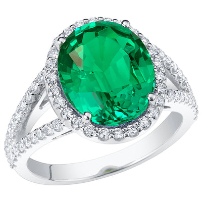 Peora Colombian Emerald Ring Oval Shape 14K White Gold with Diamonds