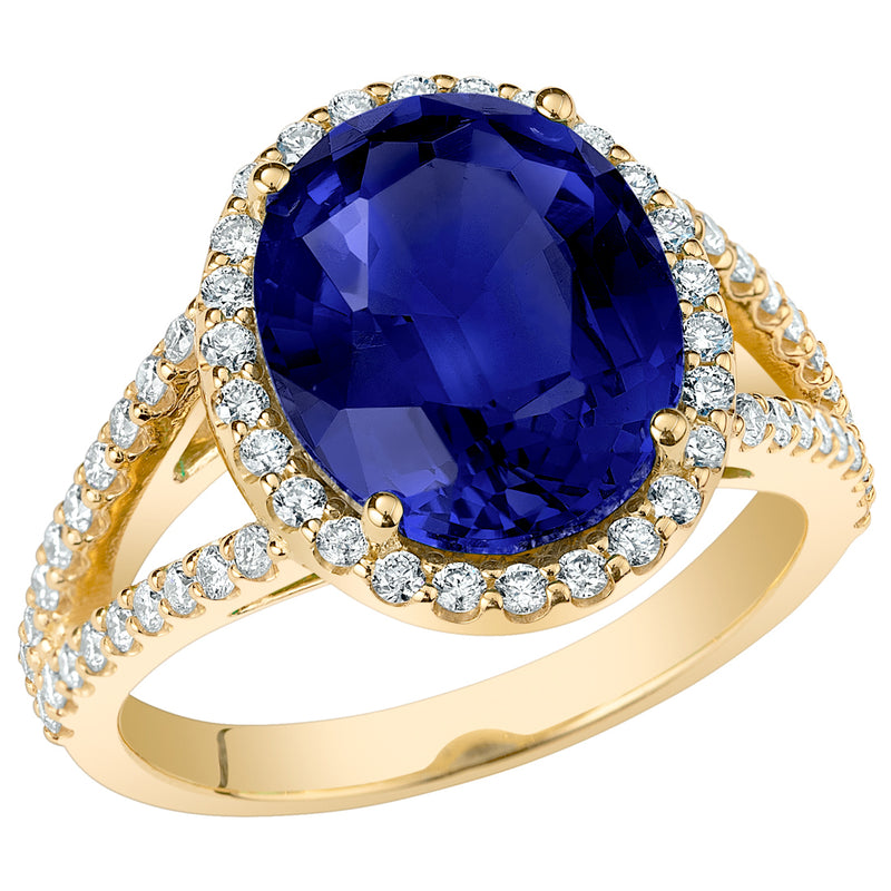 Peora Blue Sapphire and Diamond Oval Shape Ring 14K Yellow Gold