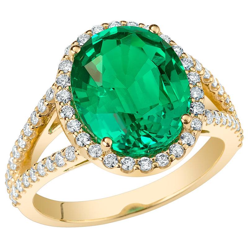 Peora Colombian Emerald Ring Oval Shape 14K Yellow Gold with Diamonds