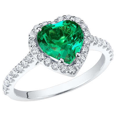 Peora Colombian Emerald Ring Heart Shape 14K White Gold with Diamonds