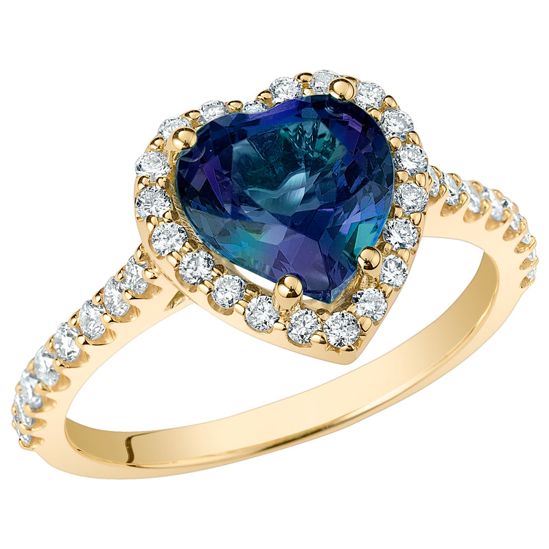 Peora 3 Carats Created Alexandrite Lab Grown Diamond Sweetheart Ring in 14K Yellow Gold, Color-Changing Heart Shape, Sizes 4 to 10
