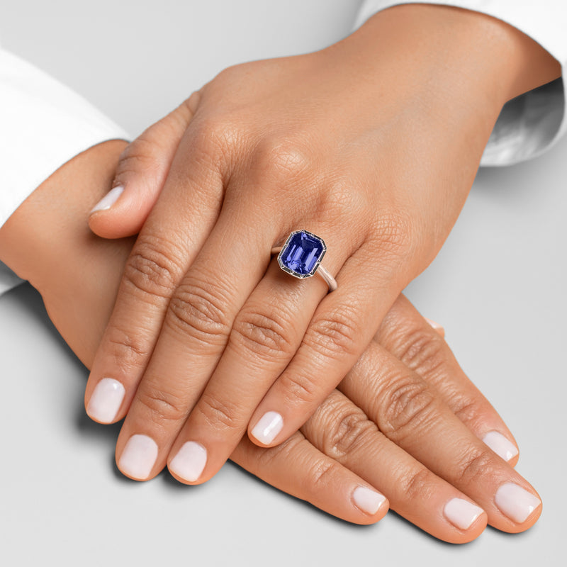 Peora Blue Sapphire Emerald Cut Ring 14K White Gold 