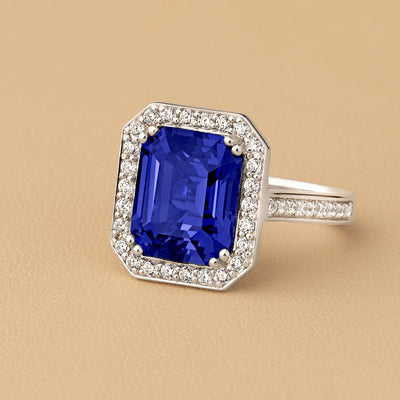 Peora Blue Sapphire and Lab Grown Diamond Emerald Cut Ring 14K White Gold