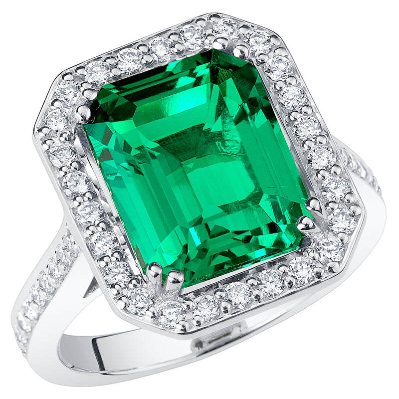 Peora Colombian Emerald Ring Emerald Cut 14K White Gold with Diamonds