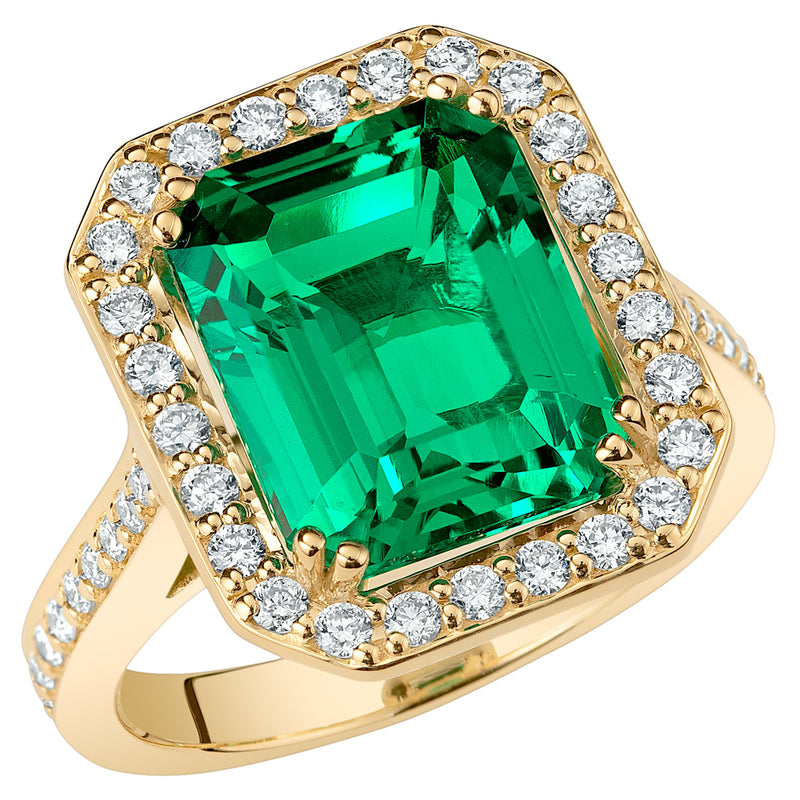 Peora Colombian Emerald Ring Emerald Cut 14K Yellow Gold with Diamonds