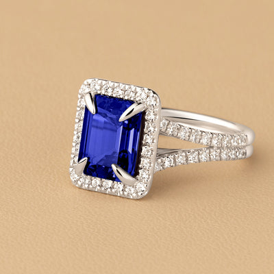 Peora Blue Sapphire and Lab Grown Diamond Emerald Cut Ring 14K White Gold 