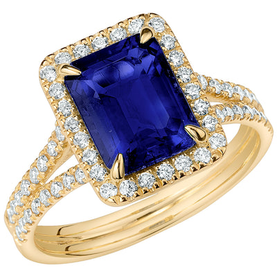 Peora Blue Sapphire and Lab Grown Diamond Emerald Cut Ring 14K Yellow Gold 