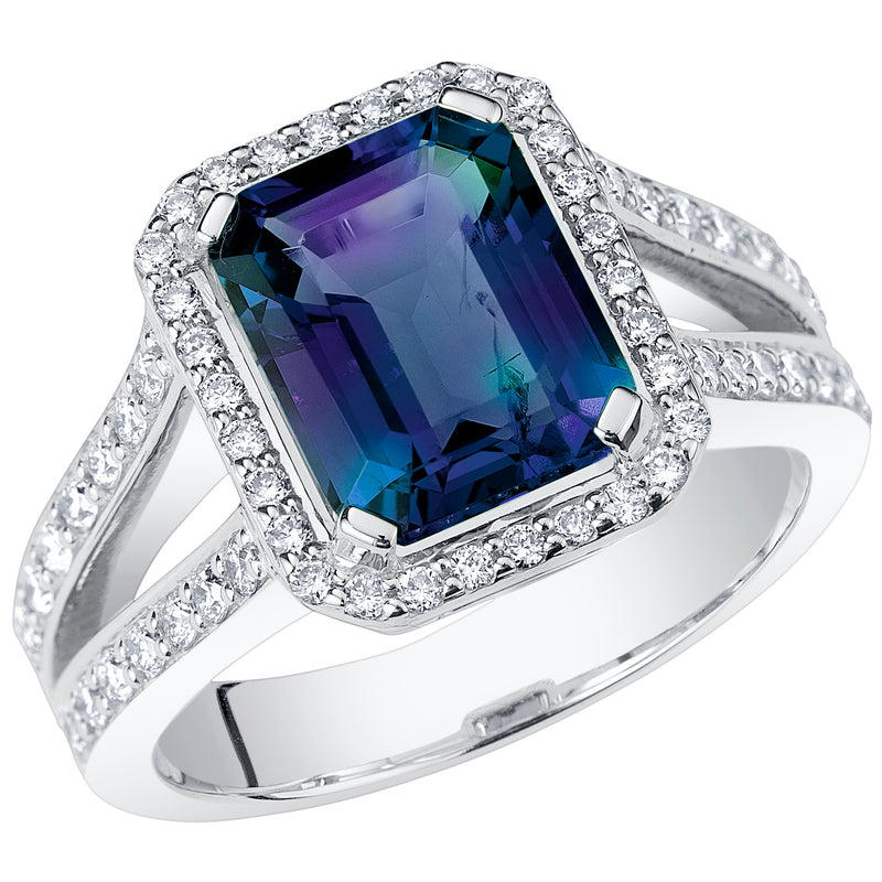 4.50 Carats Emerald Cut Created Alexandrite and Lab Grown Diamonds Ring in 14K Gold