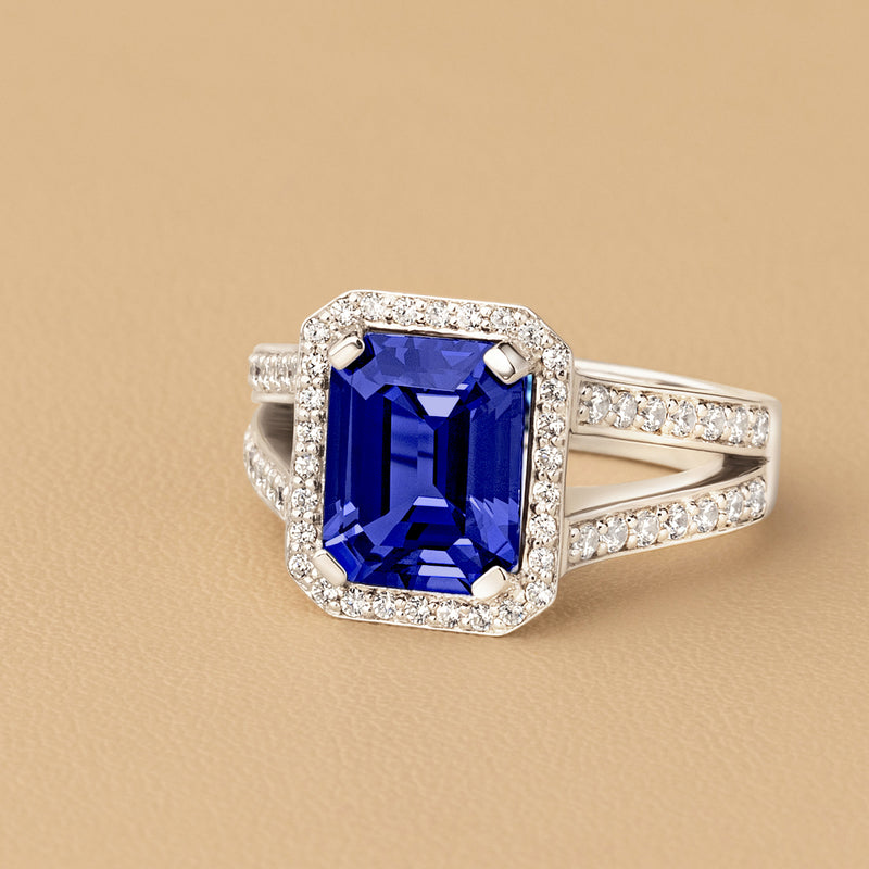 Peora Blue Sapphire and Lab Grown Diamond Emerald Cut Ring 14K White Gold 