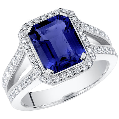 Peora Blue Sapphire and Lab Grown Diamond Emerald Cut Ring 14K White Gold 