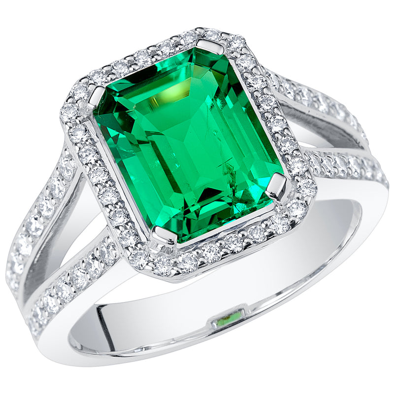 Peora Colombian Emerald Ring Emerald Cut 14K White Gold with Diamonds