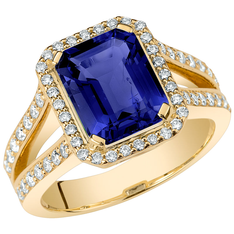 Peora Blue Sapphire and Lab Grown Diamond Emerald Cut Ring 14K Yellow Gold 