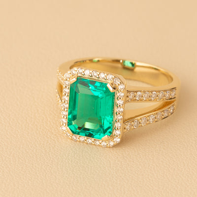 Peora Colombian Emerald Ring Emerald Cut 14K Yellow Gold with Diamonds