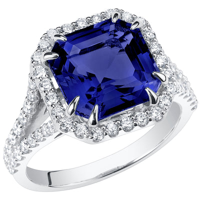 Peora Blue Sapphire and Lab Grown Diamond Square Emerald Cut Ring 14K White Gold 