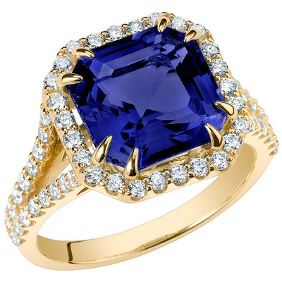 Peora Blue Sapphire and Lab Grown Diamond Square Emerald Cut Ring 14K Yellow Gold 