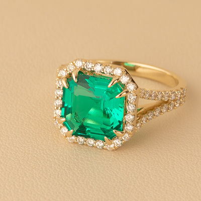 Peora Colombian Emerald Ring Cushion Cut 14K Yellow Gold with Diamonds