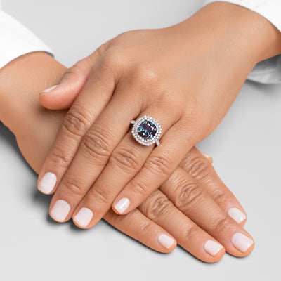 Peora Alexandrite and Diamond Cushion Cut Halo Ring 14K White Gold