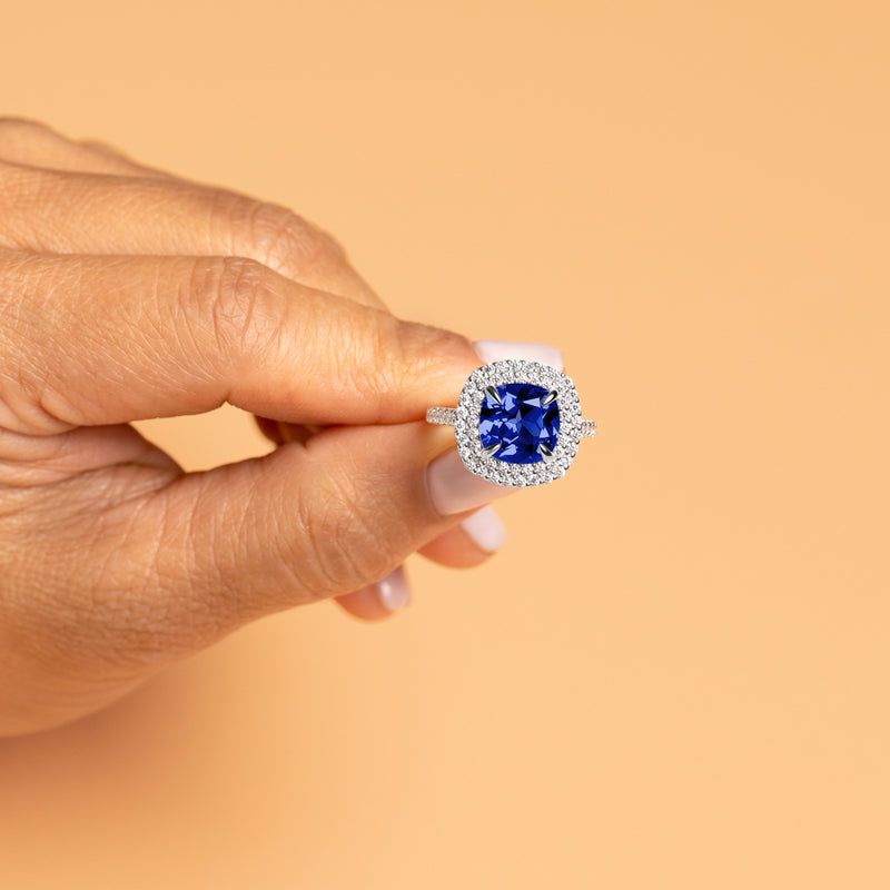 Peora Blue Sapphire and Lab Grown Diamond Cushion Cut Ring 14K White Gold 
